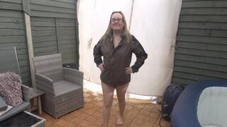 Flashing in the yard in Tan pantyhose and coat