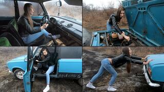 Nastya fails attempts to start old VAZ, then pushes the car