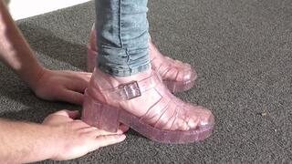 Hand Trampling In Pink Jelly Shoes CLOSE UP (4K)
