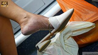 Candid foot fetish model with open dangling sandals, perfect sensual feet moving