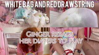 White bag and red drawstring - Ginger plays with diaper garbage 4K MP4