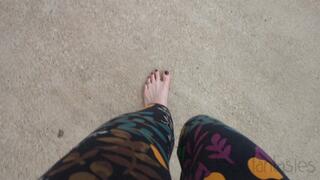 Fifi pedal pumping barefoot in leggings with toe rings and anklet
