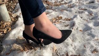 girl in high heels cannot climb a mountain, her heels slip too much