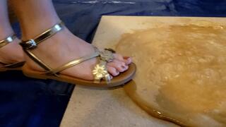 Karina Stuck in Glue while Wearing Golden Sandals