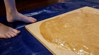 Karina Stuck Barefoot in Giant Honey Glue Trap