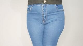 Wetting blue jeans barefoot