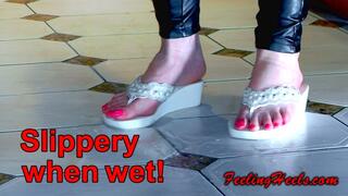 The High Heeled Princess in: Slippery when wet! - Episode 1 - starring: Vicky Heely - Part 2 - HD - High Heels Foam Flip Flop Wedges Rubber Trousers Walking on Slippery Floors - 720p - MP4