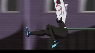 Venom tongue fucks Spider Gwen's asshole and double penetrates her