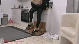 Mila tramples boxes in platform mules - topless