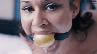 Calissa Bliss Hog cuffed with pantyhose and a huge ball gag with gag talk massive drool mobile 720p