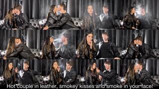Hot couple in leather, smokey kisses and smoke in your face!