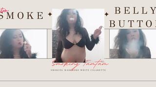 Flying smokey kiss showing belly and belly button in seethru longsleeve bra smoking Marlboro White cigarette