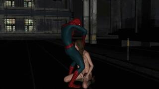 Brunette gets her face fucked by Spiderman