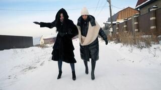 Two hot hotties in high heels slip and fall in the snow