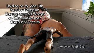 Holding on for dear life Barefoot Stomping Giantess unaware Stomps on little shrunken man Giantess foot crush