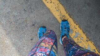 Fifi cranking in public trying to get home wearing Keen sandals Puma ankle socks and leggings