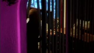 Bald dude makes free show watching young babe changing lingerie and caressing her pussy