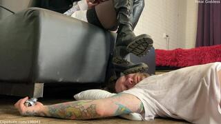 Slave's nasty face under My muddy over the knee boots