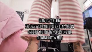 Giantess Vore pov She chases you cathes you and eats you in one gulp you help in nourishing her growing body & belly