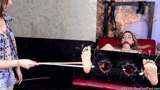 Bastinado and hot wax punishment of the wonderful Margarita's stocked feet from cruel mistress Lyana (Part 5 of 6)