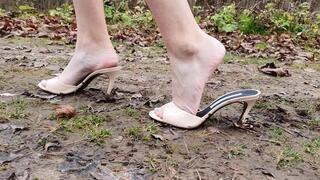 Sexy Nina in Gianmarlo lorenzi mules stuck in mud, high heels sinking in mud, muddy high heels