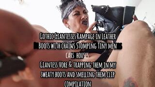Gothic Giantesses Rampage in Leather Boots with chains Stomping Tiny men cars houses Giantess Vore & trapping them in my sweaty boots and smelling them clip compilation