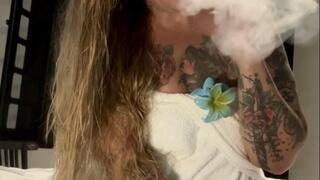 After showering, wet hair, applying body lotion and smoking a chain of two red Marlboros in the hotel room - Deep Inhales, Dangling, Multiple pumps, Puffs, Smoke rings, Nose exhales, Coughing, Long red nails, no makeup