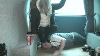 Squatting & Standing On Head In Big Boots In The Camper Van