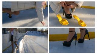 PREMIERE: Emily walks on sexy high heels on very slippery ice and fells very painfully