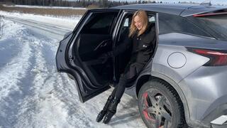 girl walks in ballet boots on the ice, her extremely high heels slip and her toes hurt a lot