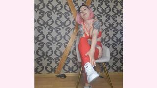 smelly sweaty sneakers red latex leggings POV