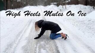Sexy Nina in High heels mules on ice, high heels mules snow walking, mules on snow, high heels on ice (Part #1)