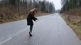 Sexy Nina slides in high heels, girl in high heels on ice (Other shoes, Part #8)