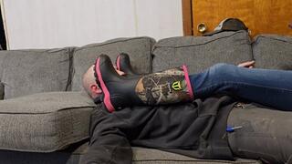 Hunting boot removal to 2 pairs of socks worship