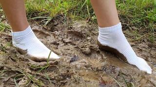 Muddy white socks, white socks forest walk, wet white socks, white socks stuck in mud