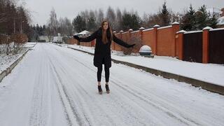 Jeffrey Campbell Skate Shoes on ice, slippy heelless shoes on ice, girl in heels on ice