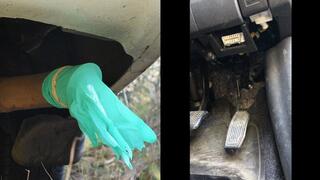 2 Dress shoes rev gas pedal to pop dirty latex gloves