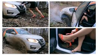 CRAZY CAR STUCK PREMIERE: Sexy Julia has serious problems in deep forest mud
