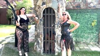 Slave getting punished merciless by two Dommes
