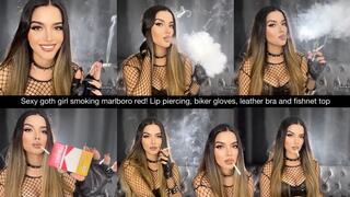 Sexy Goth girl smoking Marlboro red! Lip piercing, choker, biker gloves, leather bra and fishnet top