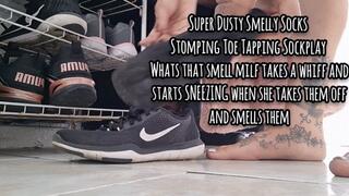 Sneezy Sockplay Super Dusty Smelly Socks Stomping Toe Tapping Sockplay Whats that smell milf takes a whiff and starts SNEEZING when she takes them off and smells them