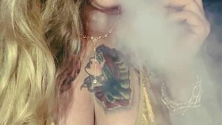 Newport - Lady Smoker in her Golden Bikini - Deep Inhales, Nose exhales, Long drag, Smoke rings, Cough, Long blonde hair, Long red nails, Red lipstick