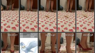 Crunchy bread crushed in red pumps