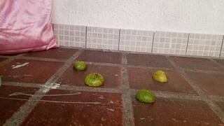 Shescamore crushing fruits under her sexy heels and barefoot