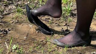 Sexy Nina and friend Anastasia, SAINT LAURENT high heels final ruined, SAINT LAURENT in mud, high heels stuck and lost in mud (Part #3)