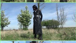 Angela in a vintage leather coat handcuffed to a tree