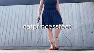 Slow motion public jumping rope, skirt, flats tease, Hungarian milf feet, pink long toenails