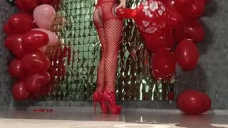 very long heels poping red balloons