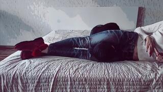 Scissors in jeans and red ugg boots