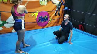 Female wrestler ties up a guy in a ring - part 2